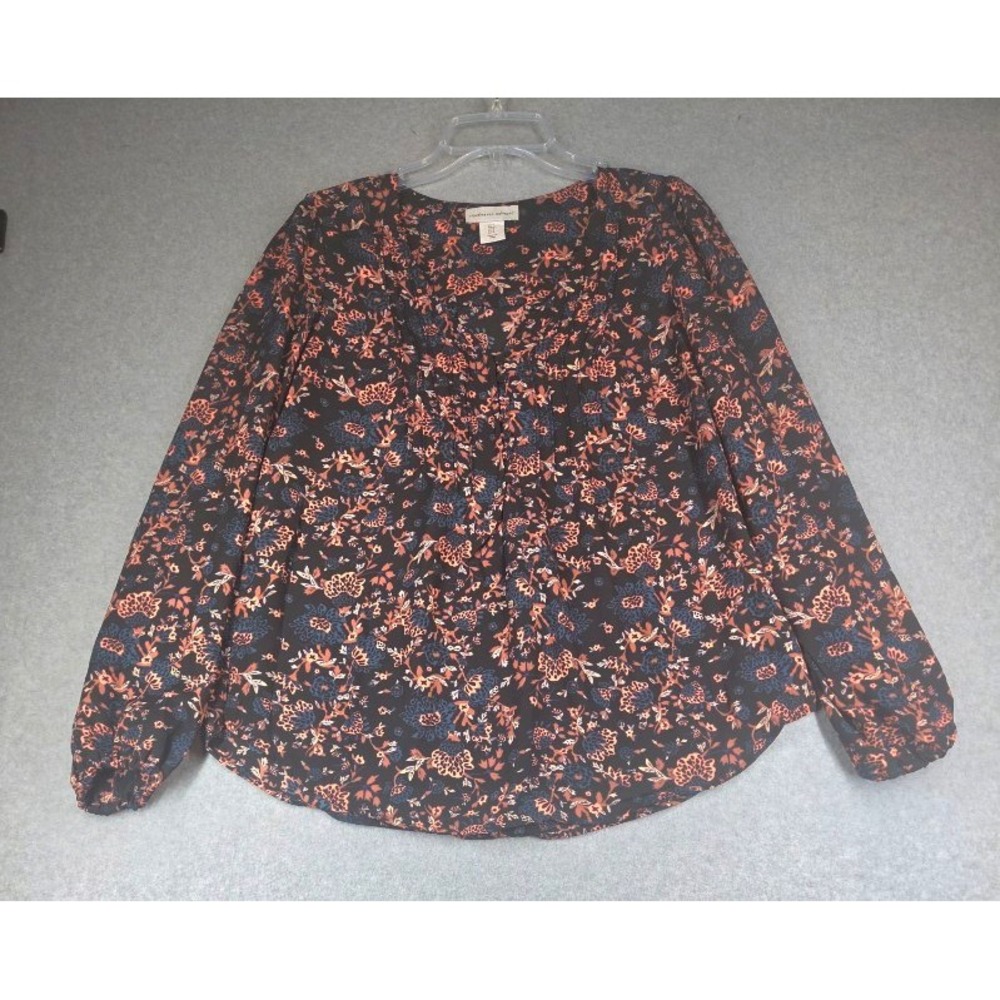 Cupcakes and Cashmere Floral Pintuck Blouse Black Orange Blue Small